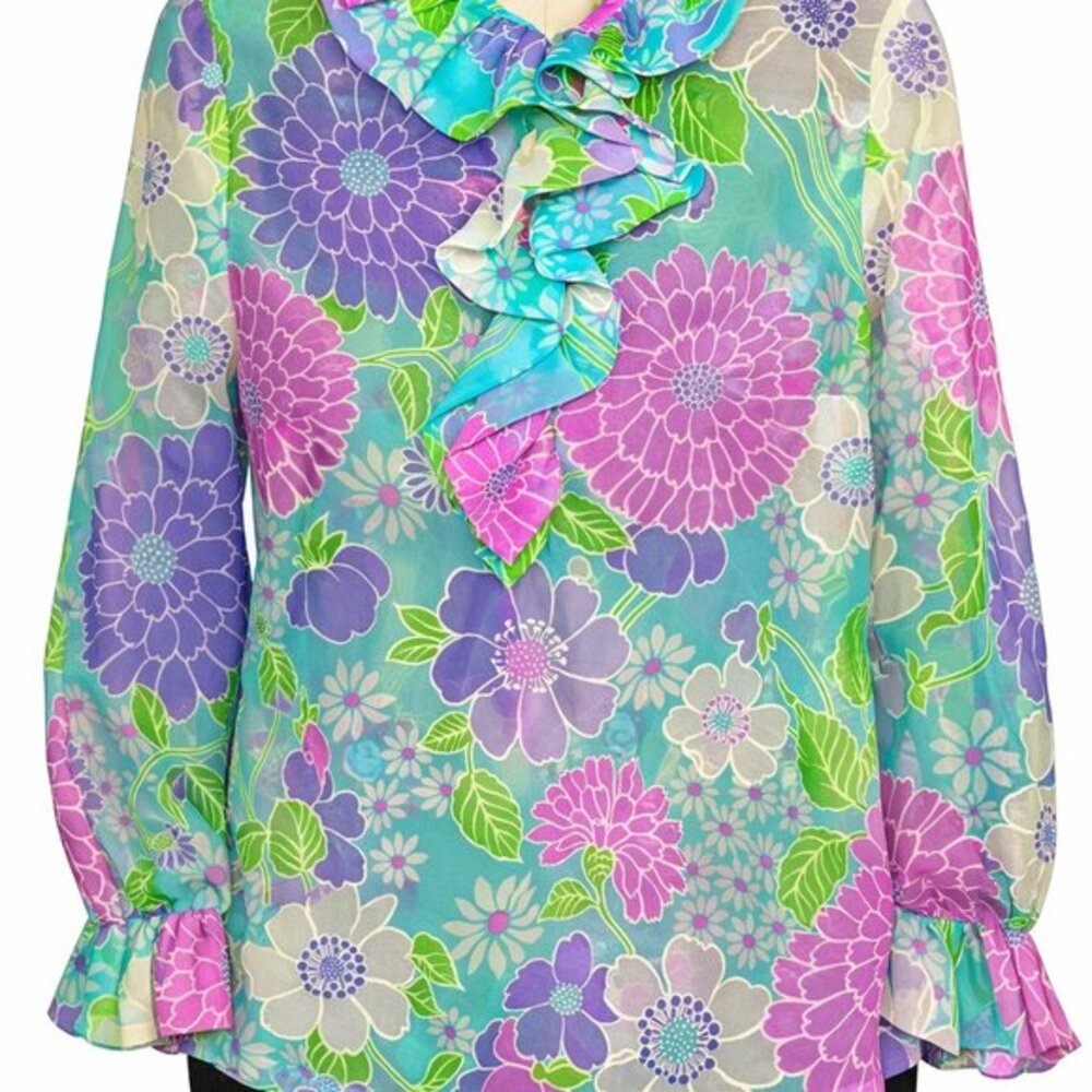Vintage Teddi of California Floral Ruffle Blouse Sheer Psychedelic Blue Purple S